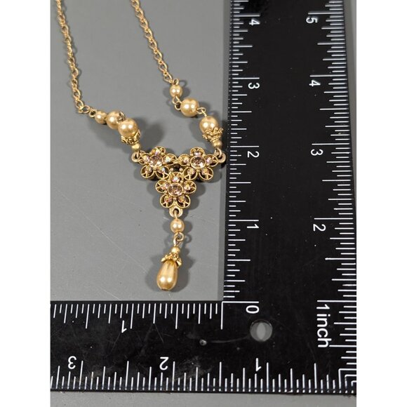 1928 Golden Aurora Borealis Faux Pearl Flower Y-Drop Necklace 19" Elegant - Picture 11 of 11